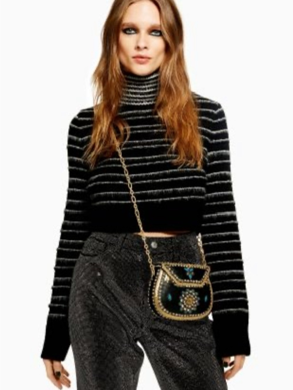Topshop Cropped Black & White Striped Turtleneck Sweater